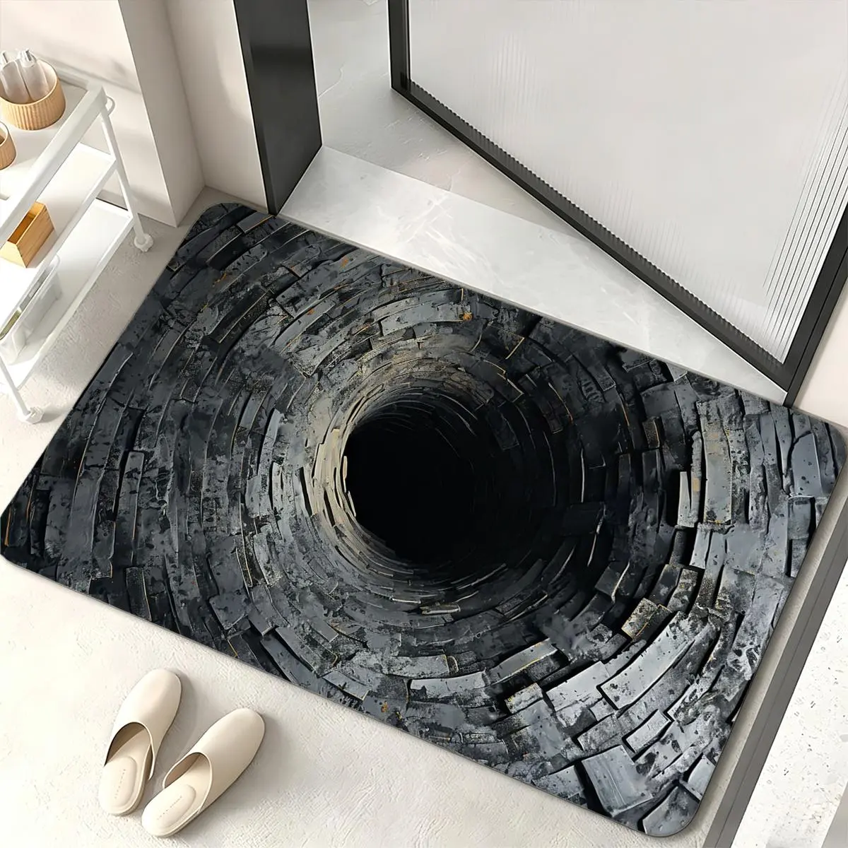 3D Optical Illusion Flannel Area Rug, Modern Abstract Black Gray Floor Mat, Machine Washable Non Slip Door Mat, Stain Resistant Carpet for Bedroom Living Room Office Entryway Car Footwell Decor, 16x24in 20x32in