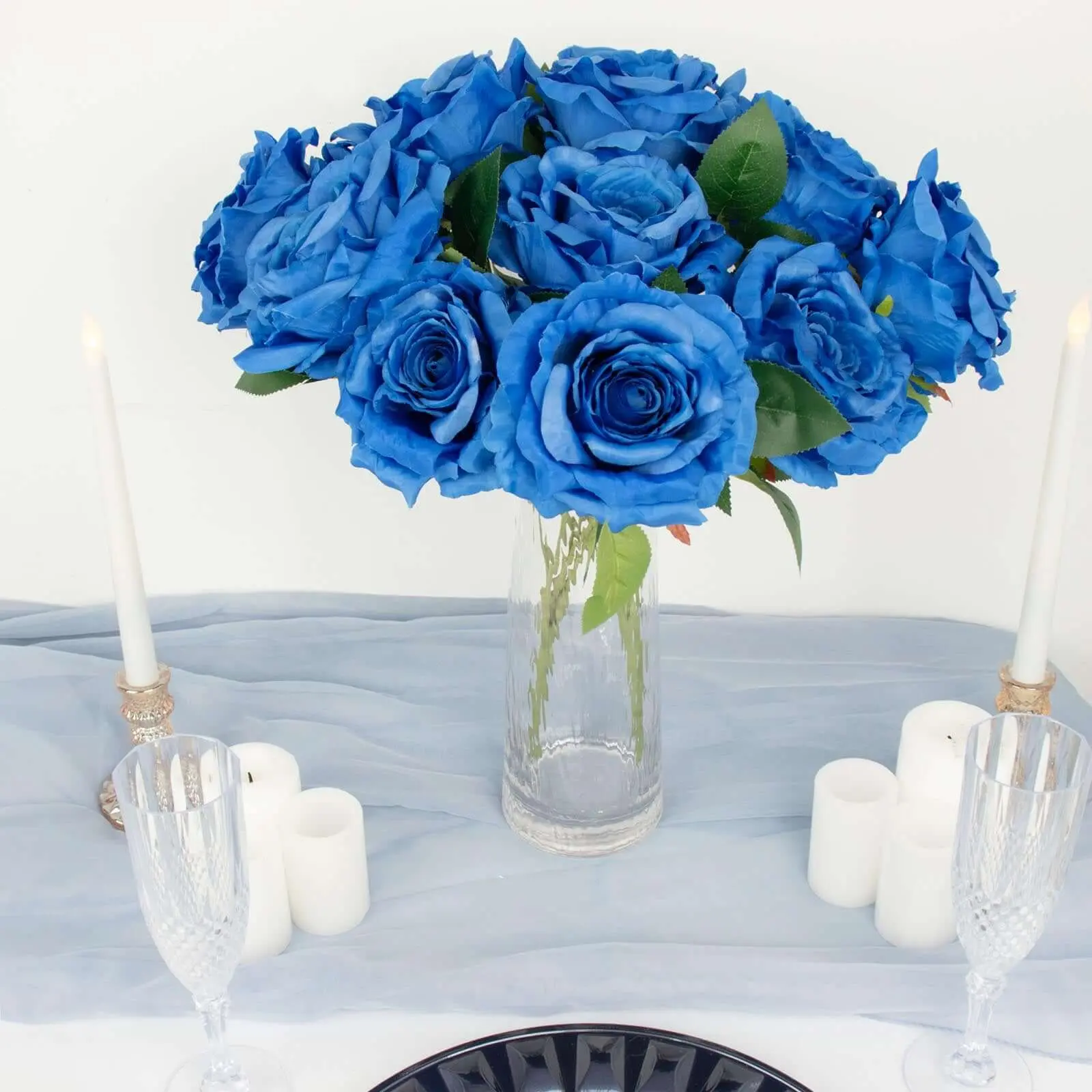 2 Pack Royal Blue Premium Silk Jumbo Rose Flower Bushes, Artificial Wedding Floral Arrangements, 17"