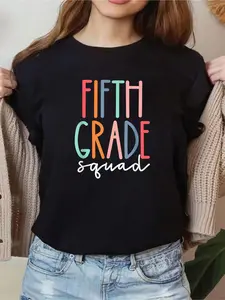 100% cotton Fifth 5th Grade Squad Teacher Crew Back To School Team Women Graphic T-Shirt Cotton Print short Sleeve Casual Top, Summer Tee Womens Tops