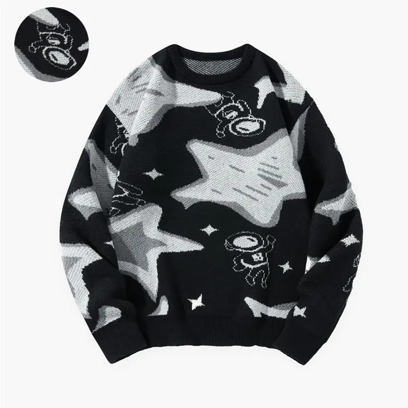 SAND SOUND Women's Comfy Crew Neck Knit Sweater - Oversized Black Long Sleeve Y2K Star Astronaut Print, Pull-On Pullover, Grunge Indie Harajuku Alt Streetwear Fashion Fall Winter Top (Relaxed Fit)