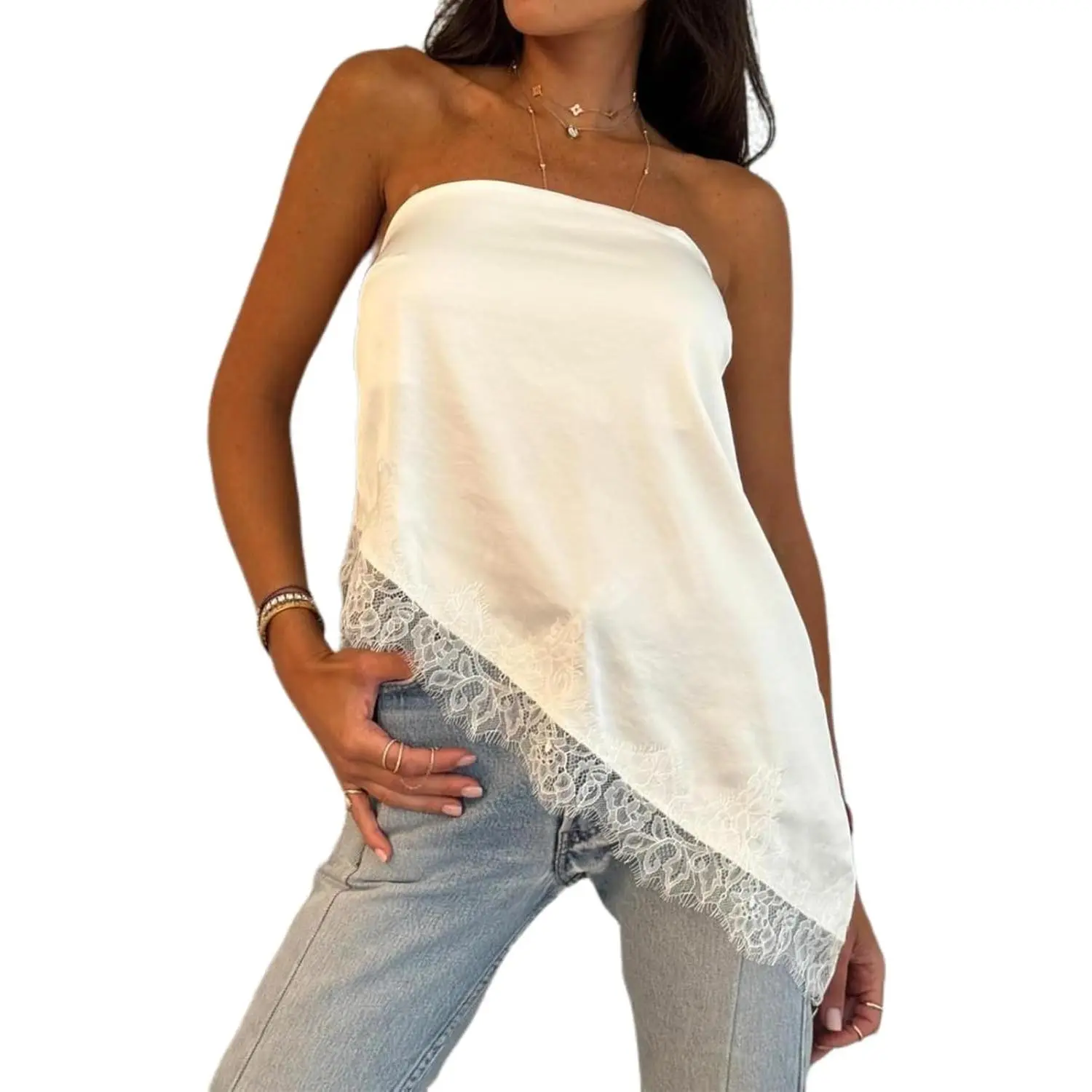 Women Satin Lace Tube Top Silk Strapless Backless Asymmetrical Bandeau Tops Sexy Y2k Going Out Streetwear