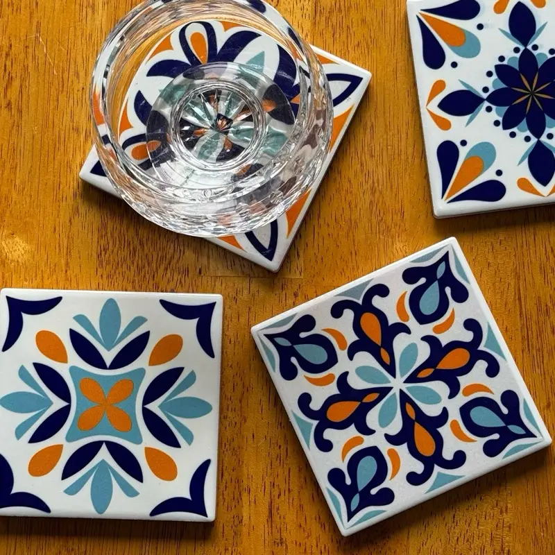 West Virginia Mediterranean Tile Ceramic Coaster Set Spanish Mediterranean Tile Art 4-Inch Coasters with Cork Backing for Housewarming Decor