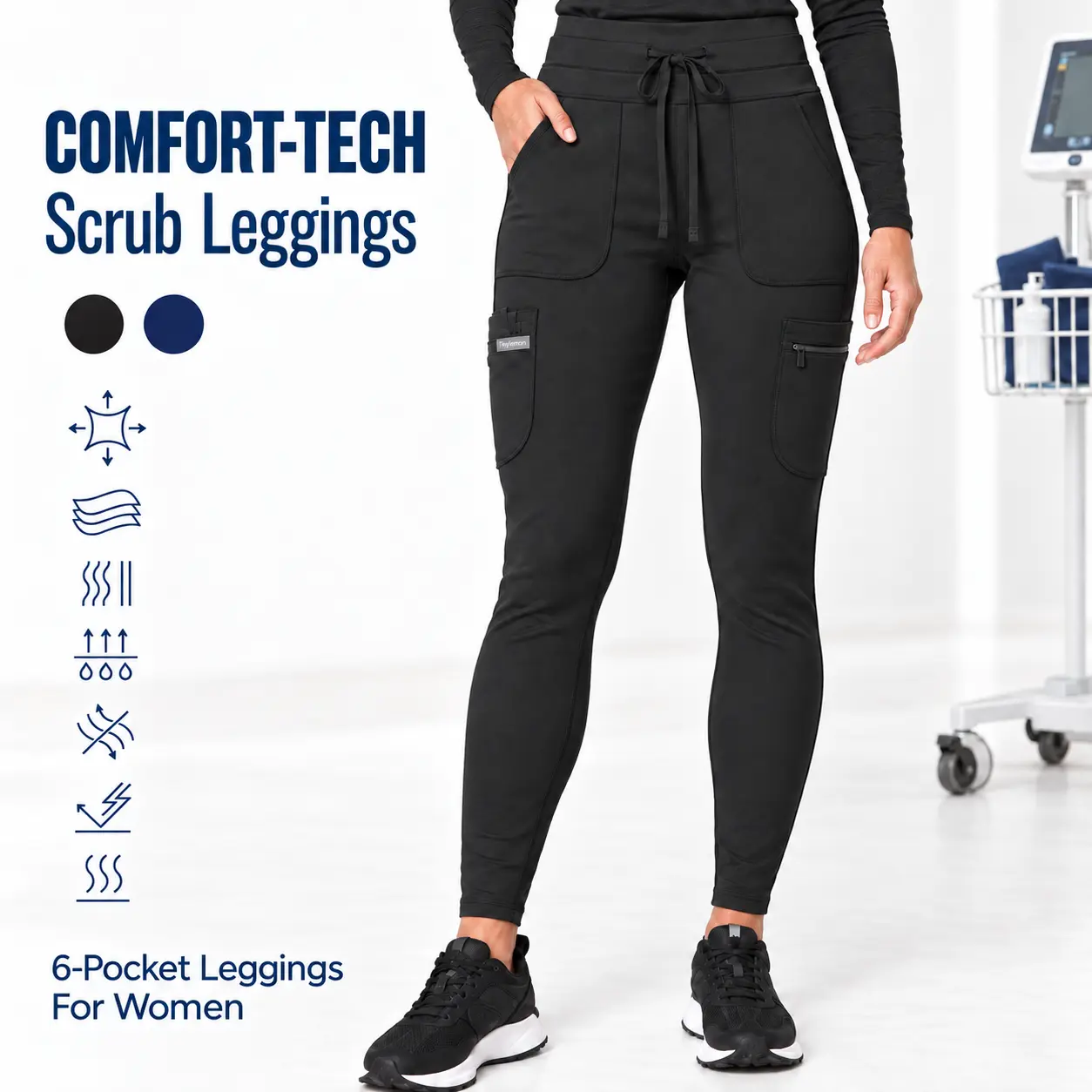 Tinylemon Women's High-Waisted 4-Way Stretch Cargo Scrub Leggings Bottom - Drawstring Waist, 6 Pockets, Suitable for Work