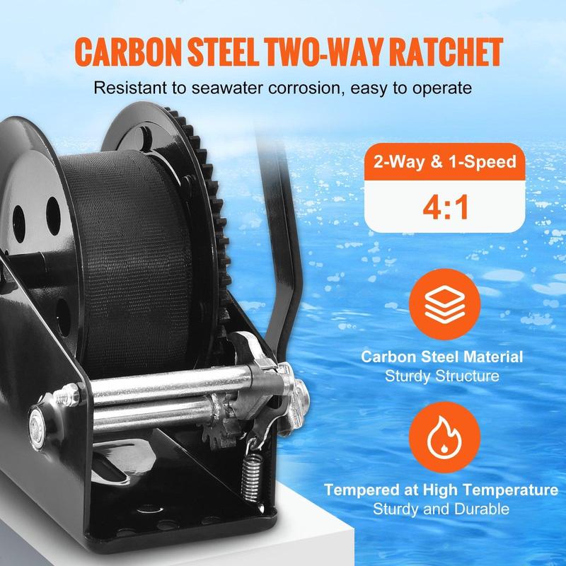 VEVOR Hand Winch, TikTokShopBlackFriday, 1600 lbs Pulling Capacity, Boat Trailer Winch Heavy Duty Rope Crank with 33 ft Polyester Strap and Two-Way Ratchet, Manual Operated Hand Crank Winch for Trailer, Boat or ATV Towing