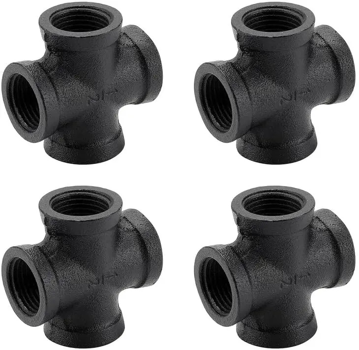 1/2" Black Pipe Fittings 4-Way Cross Fitting -  4 Pack Malleable Cast Iron 4-Way Connector Threaded Pipe Fittings for Industrial Pipe Shelves Bracket,  Industrial Pipe Furniture