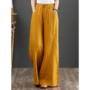 Women's Mustard-Yellow Viscose Linen Wide-Leg Pants - High-Waisted Drapey Loose Fit Trousers with Elastic Waistband & Cuffed Ankle for Spring Summer Fall, Casual & Office Wear, Ladies Pants