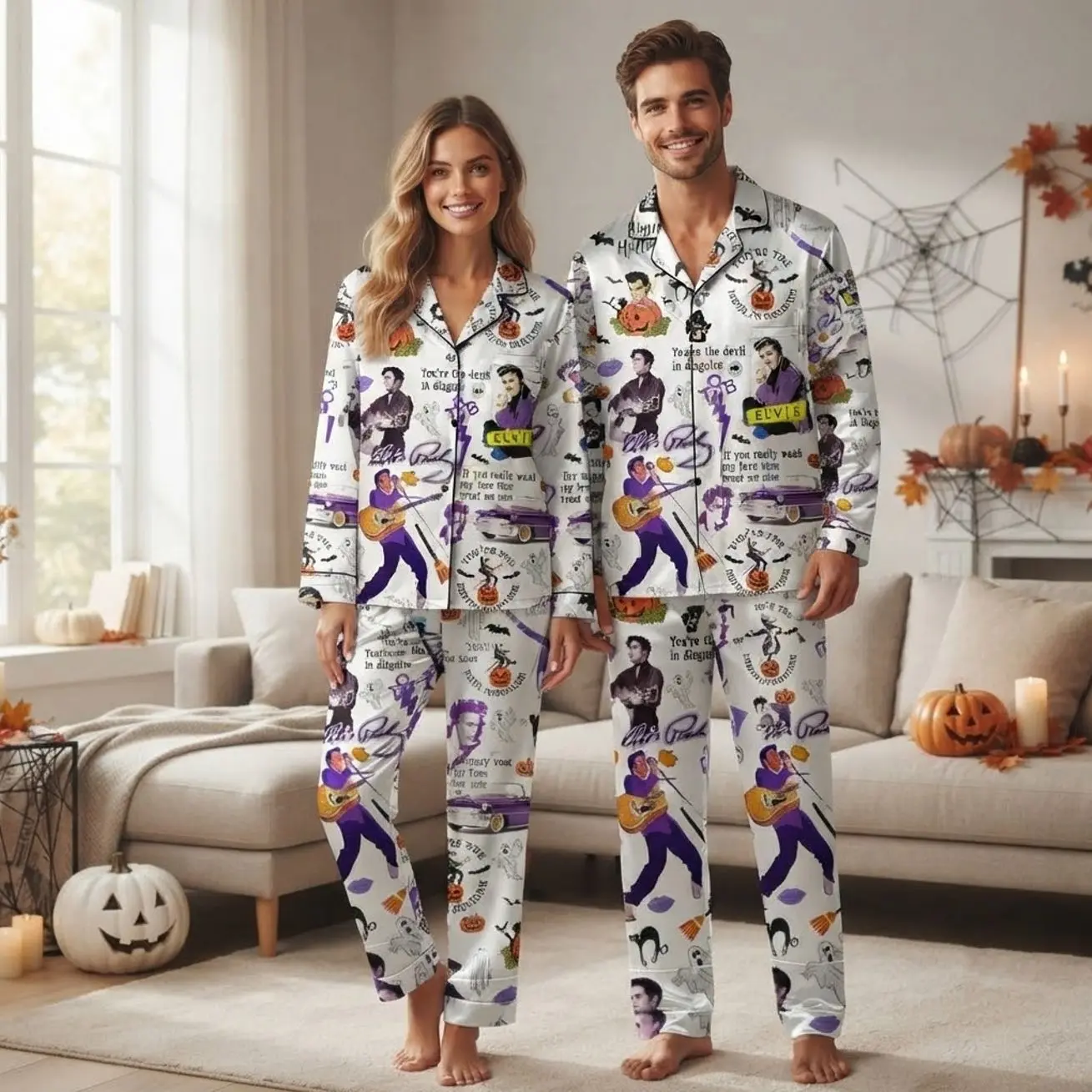 Elvis Presley Spooky Matching Couples Pajama Set Long Sleeve Satin PJS