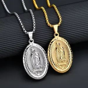 Gold Plated Stainless Steel Guadalupe Virgin Mary Necklace Pendant Box Chain N41
