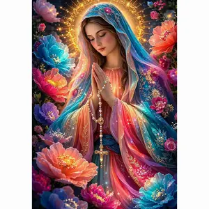 Blessed Virgin Mary Praying With Rosary, Glowing Halo & Colorful Flowers, Religious Christian Art 5D Full Drill Round & Square Diamond Painting Kit, DIY Rhinestone Cross Stitch, Sacred Catholic Wall Decor, Faith & Devotion Handmade Gift