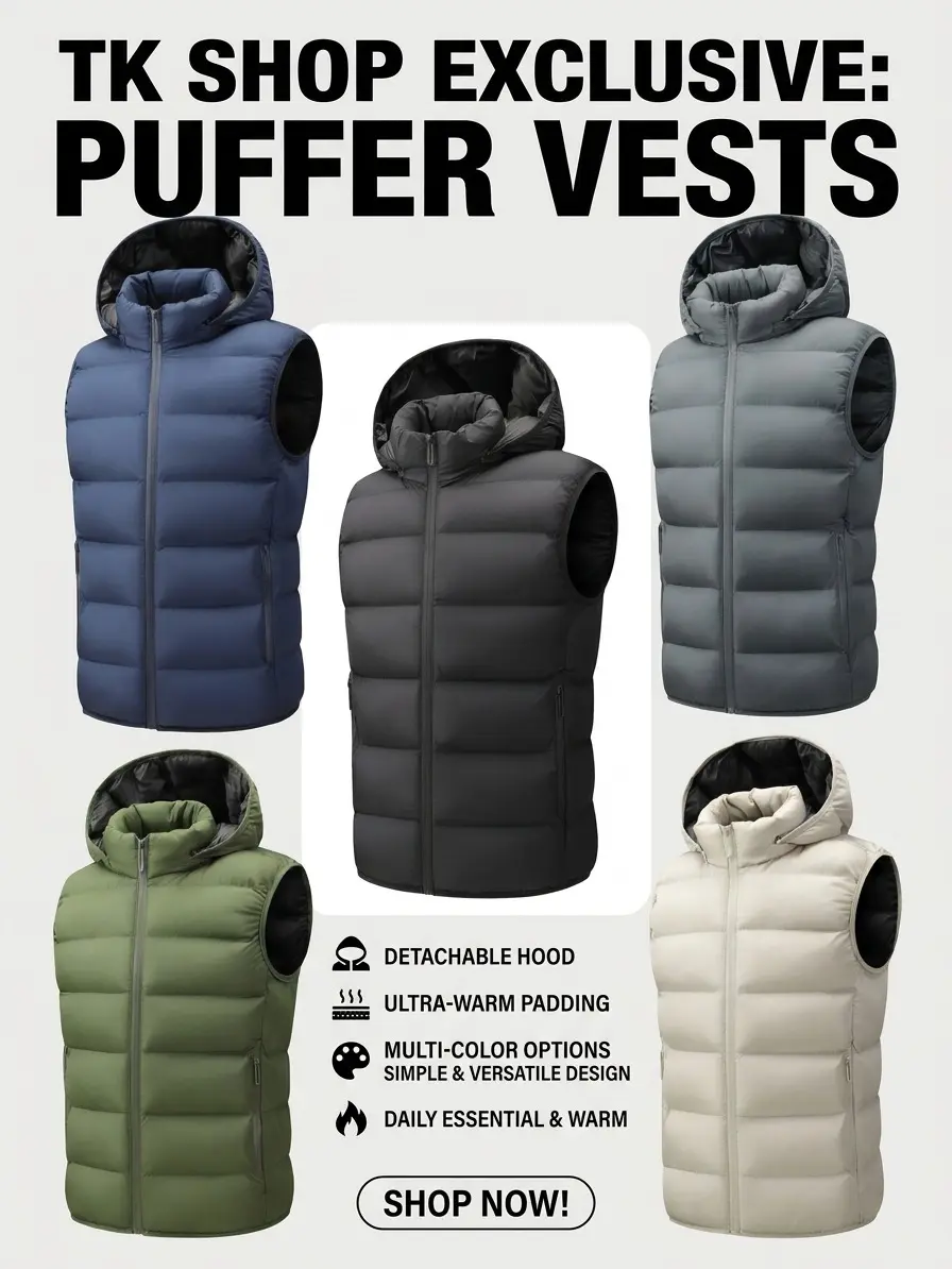 Men's Fitted Cut Polyester Puffer Vest, Warm Casual Outerwear with a Detachable Hood and Zippered Pockets, Menswear, Tops, Plain