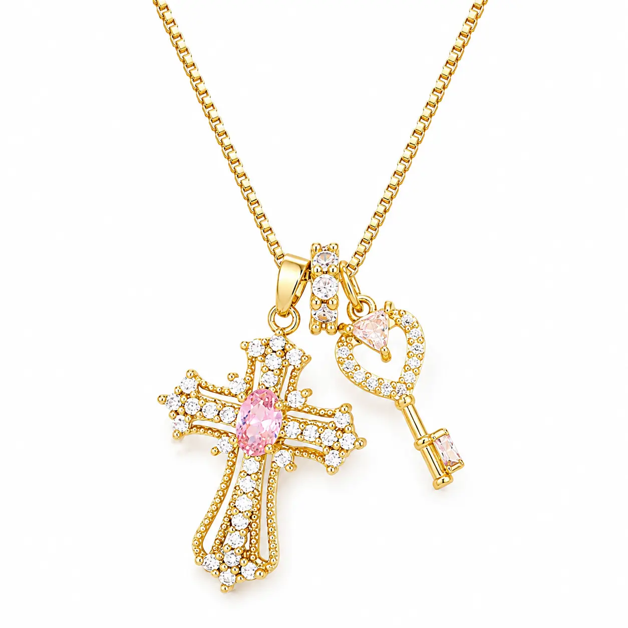 Cross Necklace for Women,18K Gold Plate Pink CZ Heart Cross Tennis Pendant Necklace,Dainty Charm Necklace Birthday Gifts for Women Trendy Jewelry, Gemstones, Casual Wear