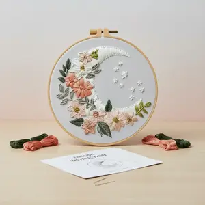 Beginner Embroidery Kit, Elegant Cross Stitch Set, Silver Moon Flower Style, DIY Embroidery Supplies, Includes Printed Cotton Fabric