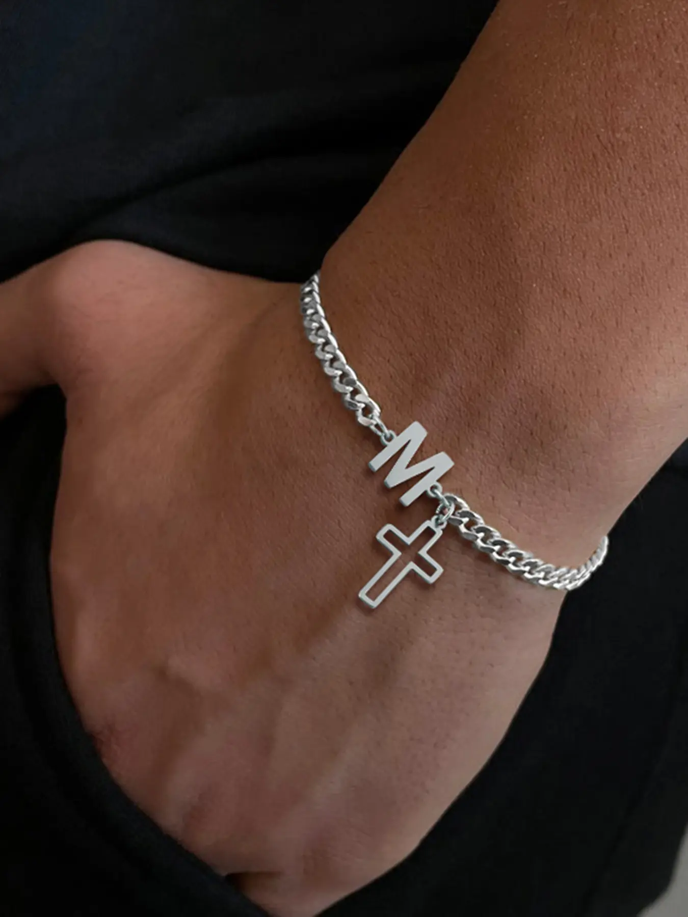 Men's Stainless Steel Cuban Chain Bracelet, Cuban Link Bracelet, Letter Link Bracelet, Bracelet With Pendant, Punk Silvery Initial Cross Pendant, Casual Style All Season Jewelry Accessory