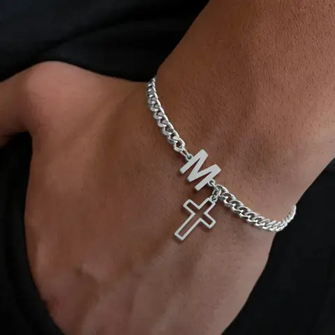 Men's Stainless Steel Cuban Chain Bracelet, Cuban Link Bracelet, Letter Link Bracelet, Bracelet With Pendant, Punk Silvery Initial Cross Pendant, Casual Style All Season Jewelry Accessory