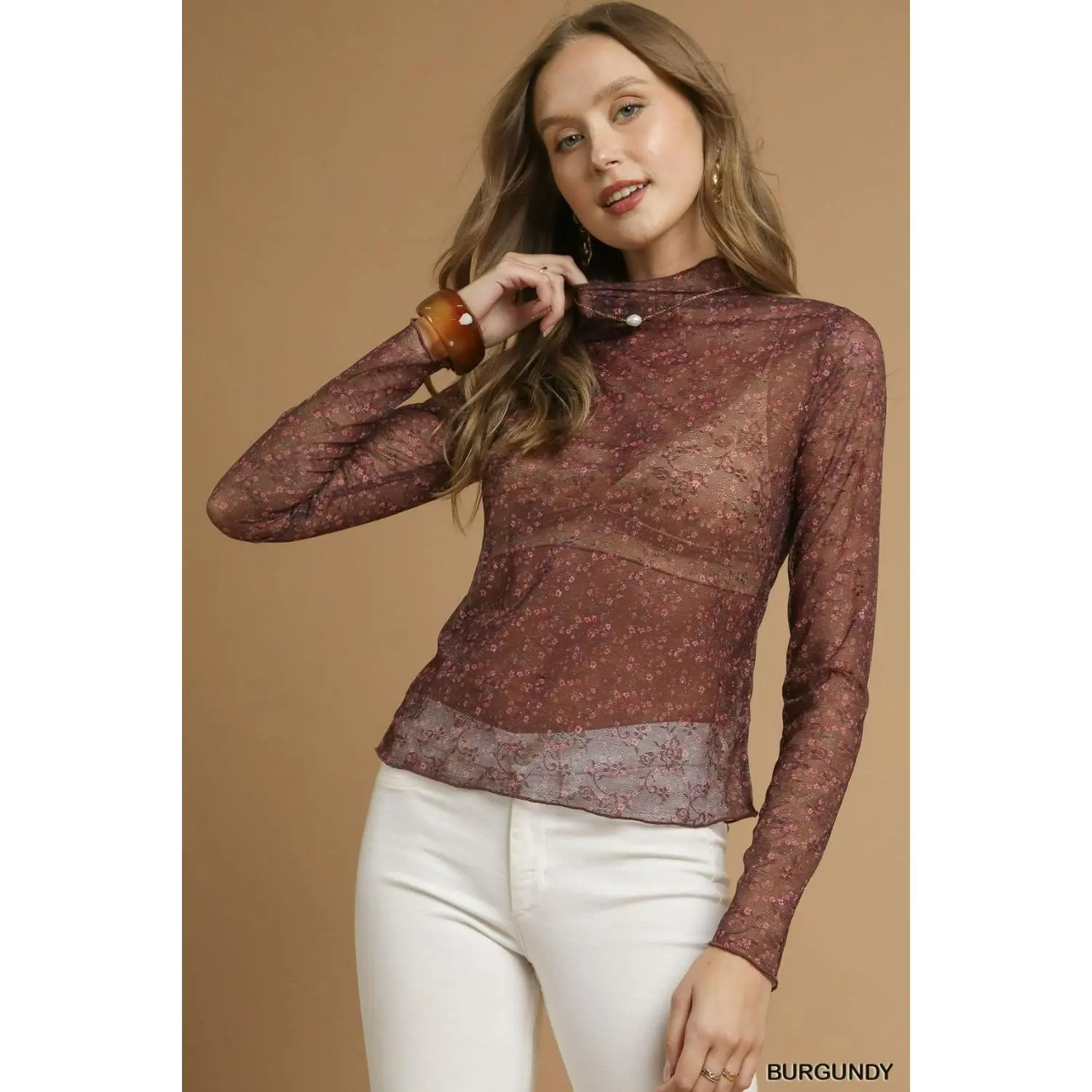Umgee Burgundy Nylon Lace Mesh Long Sleeve Top - Fashionable Semi-Sheer Blouse with Polka Dot Print & Stretch Fit for Autumn