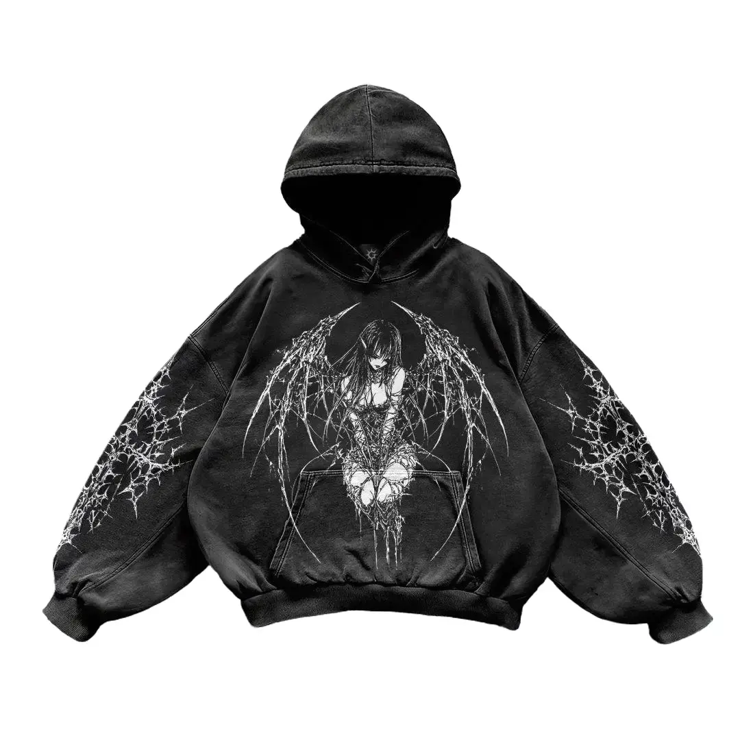 Gothic Succubus Streetwear Hoodie - Unisex Y2K Harajuku Fashion Heavyweight Pure Cotton Pullover for Couples Gothic Vampire Print Casual Tops Menswear Jeans Stylish Vibe Soft Long Sleeve Man