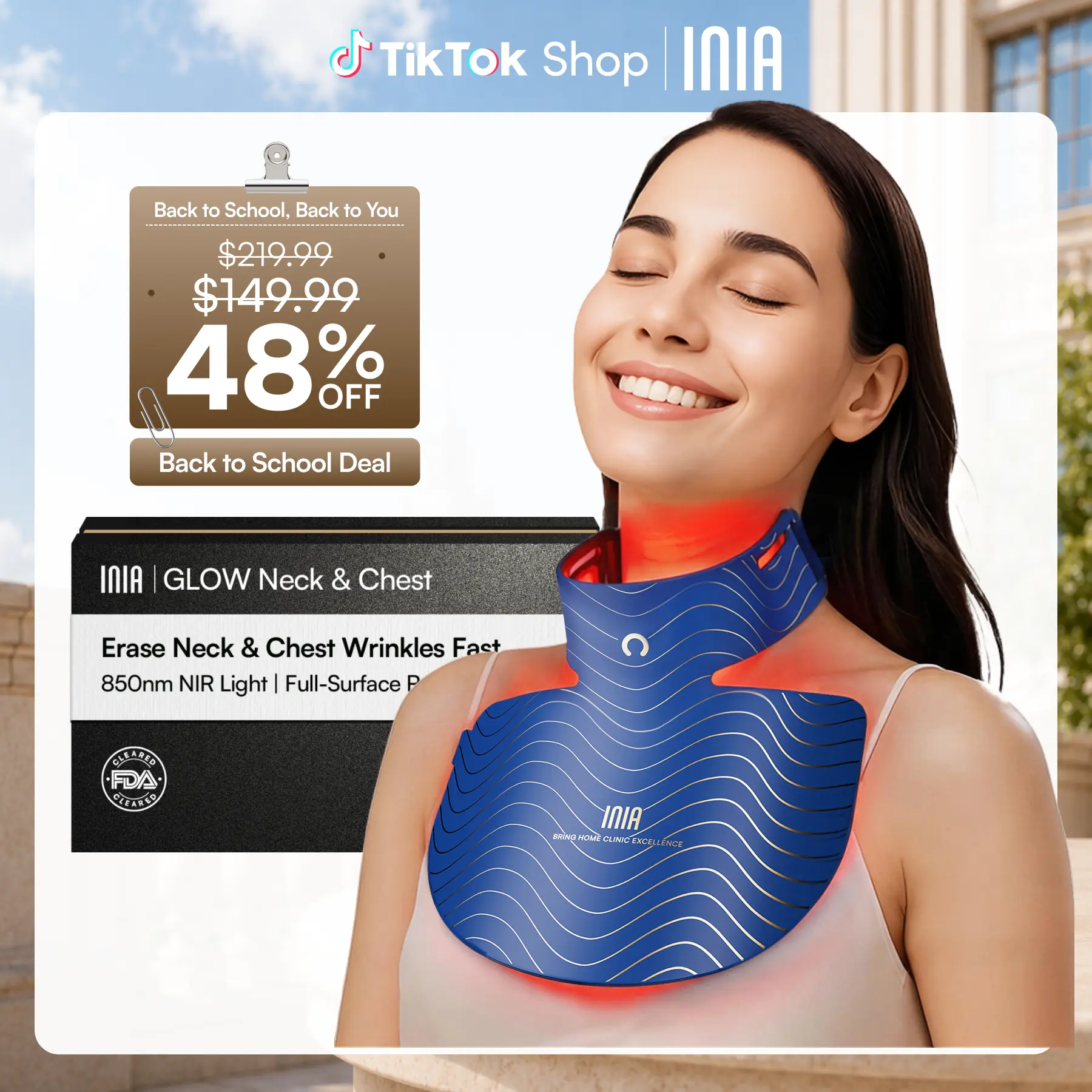 [New Color Drop] INIA GLOW Neck & Chest Red Light Mask – 850nm NIR LED Mask for Wrinkle & Spot Reduction, Lift & Firm in 4 Weeks, Rechargeable 2600mAh Controller, Clinic-Grade Full Coverage, Summer Beauty Gift Ideas,back to school,back to school haul