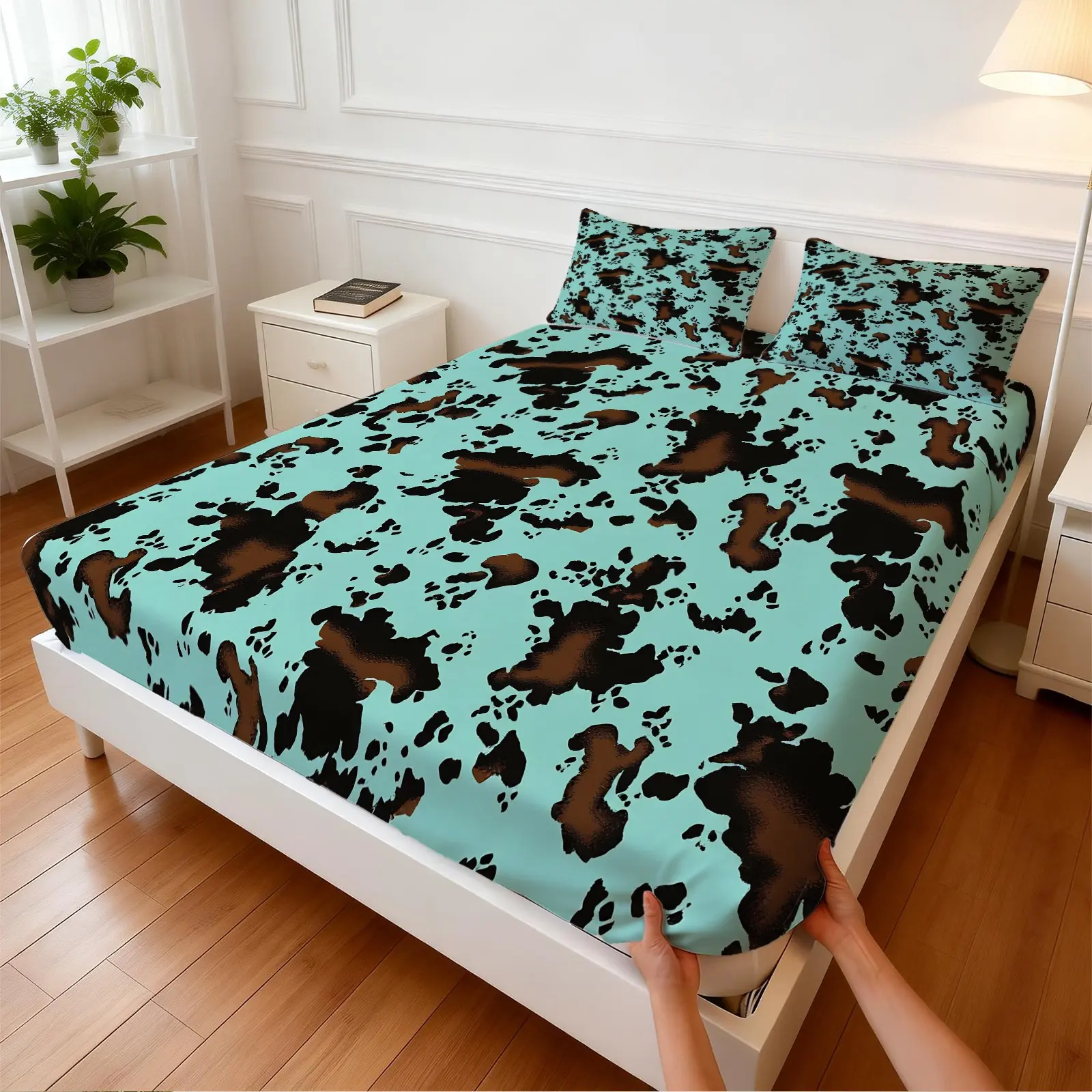 3Pcs American Western Vintage Cow Print Fitted Sheet Set, Distressed Texture Design, Create An Immersive Rustic Ranch Bedroom, Bed Linens