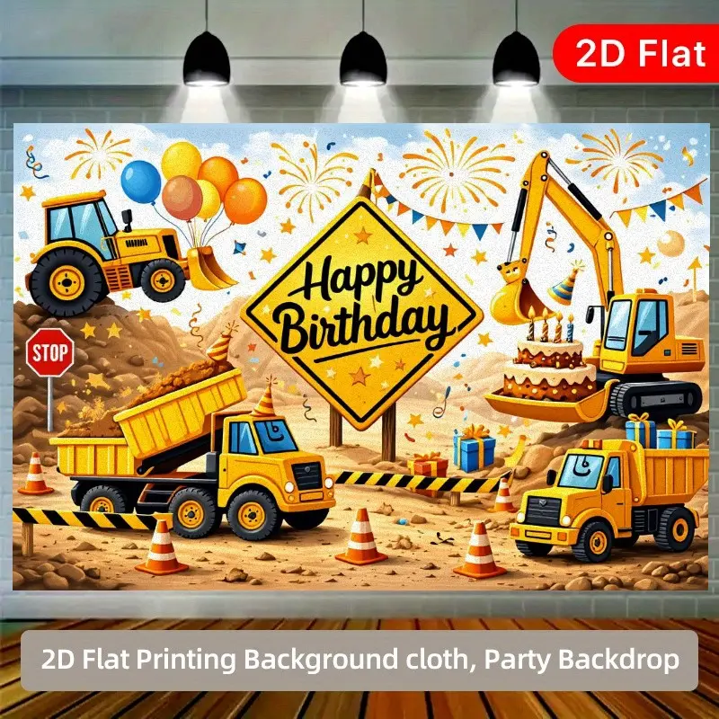 2D flat 1pc construction vehicle birthday party background cloth excavator dump truck theme decoration banner, traffic cone with cake elements suitable for construction vehicle theme birthday party, theme event decoration, polyester banner