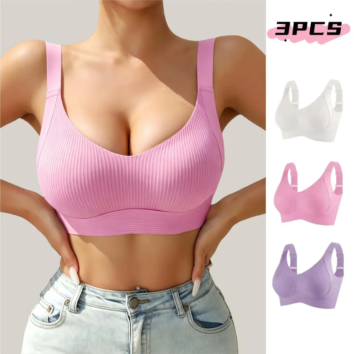 Women's 6-Pcs Wireless Seamless Ribbed Push-Up Bras Gift Set, Adjustable Wide Straps, Lightweight Daily Basic Lingerie (Party Gift Supply for Festive Occasions)