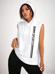 Women's Drawstring Hooded Sleeveless Vest, American Side Stripe Sports Letter Print T-Shirt, Breathable Comfort Fitness Daily Wear
