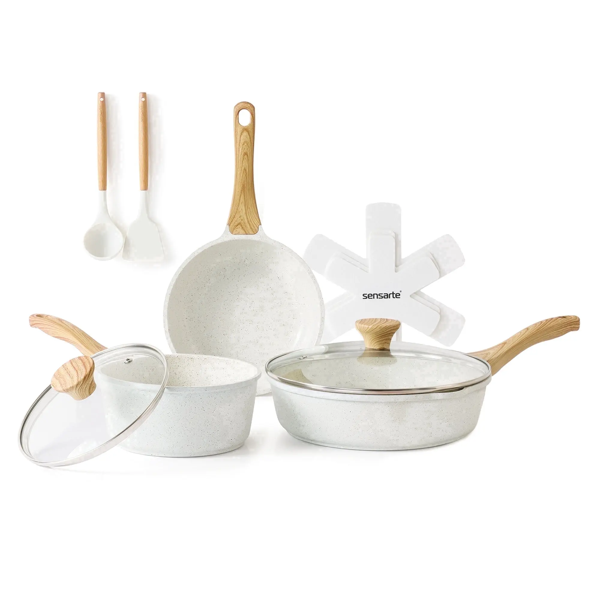 SENSARTE Ceramic Nonstick Pots and Pans Set, 10Pcs Healthy Non Stick Cookware Set with Pots Protectors, Induction Kitchen Cookware Sets, Dishwasher Safe White