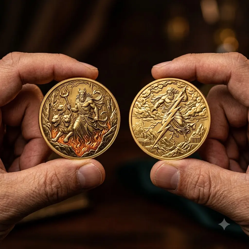 2-Sided Full Gold Zeus vs Hades Medallion, King of Olympus & Lord of the Underworld, Greek Gods Collectible, Home Decor Fengshui Ornament Gift for Mythology Enthusiasts