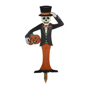 Haunted Hill Farm 46" Skeleton Holding a Carved Pumpkin Woo