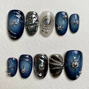 Galactic Chrome Black Press On Nails, Dark Blue Galaxy Fake Nails with Spiral & Stars