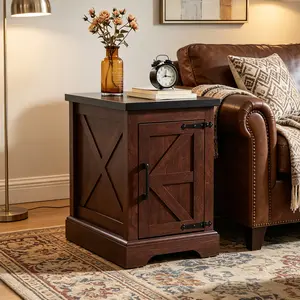 Eyisean 24" Farmhouse End Table, Rustic Large Sofa Side Table with Barn Door and Adjustable Storage Shelves, Wood Square Bedside Table for Living Room, Bedroom
