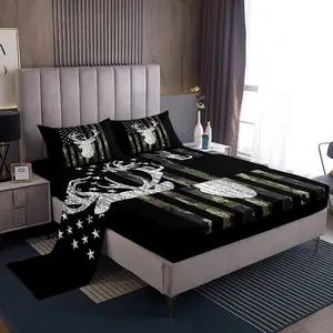 Deer Bed Sheets Camo American Flag Sheet Set,Camouflage Hunting Woodland Animal Bedding Set,for Kids Boys Teen Men,Rustic Deer Antler Fitted Sheet Black White Army Green Flat Sheet