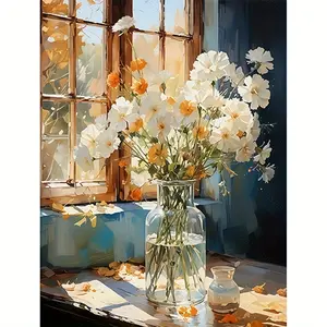 1PCS Flowers in Vase Acrylic Paint by Numbers 16x20in Unframed Beginner DIY Painting Supplies Fresh & Healing Style Decor for Bedroom / Living Room / Study Ideal Gift for Flower Lovers / Housewarming Present / Home Wall Decoration
