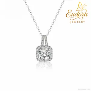 Eudora 1ct Moissanite Necklace for Women, S925 Sterling Silver Square Halo Pendant, 6.5mm Round Cut, Daily OOTD Jewelry Wedding Anniversary Gift