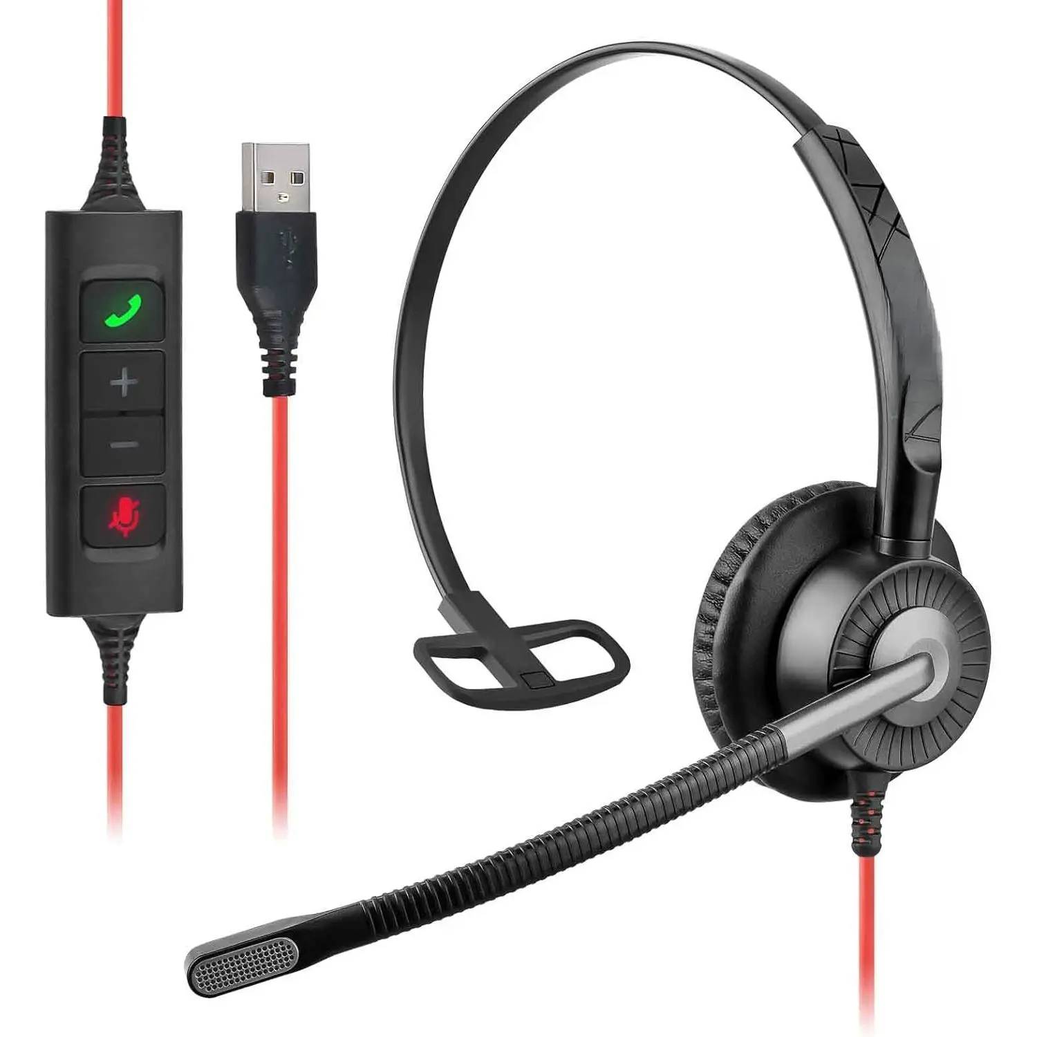 USB Headset with Mic, Computer Headset with ENC Dual Noise Cancelling Microphone & MS Teams Call Button, Wired Mono Headphones for PC Laptop  Teams Zoom Home Office Work
