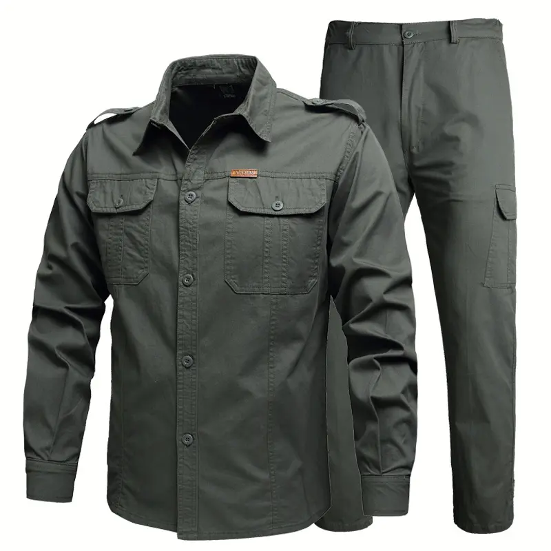 Men's Camouflage Workwear Suit, Lightweight 2-Piece Menswear Clothes with Long-Sleeve Jacket & Short-Sleeve Shirt, Heat-Resistant Uniform for Mechanics, Matching