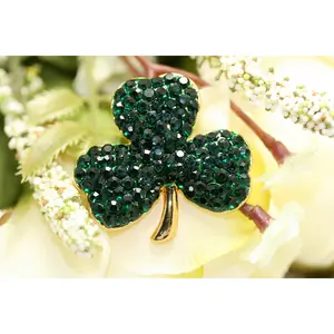 Gold Tone Saint Patrick Day Rhinestones Three Leaf Clover Pin Brooch Saint Patrick's Day Shamrock Jewelry Gift