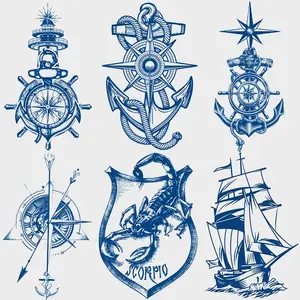 6 Sheets Herbal Juice Temporary Tattoo Stickers, Waterproof Sweatproof Nautical Anchor Compass Ship Scorpion Designs, Lasts 1-2 Weeks
