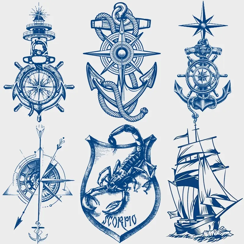 6 Sheets Herbal Juice Temporary Tattoo Stickers, Fake Tattoos, Ephemeral Tattoos, Waterproof Sweatproof Nautical Anchor Compass Ship Scorpion Designs, Lasts 1-2 Weeks