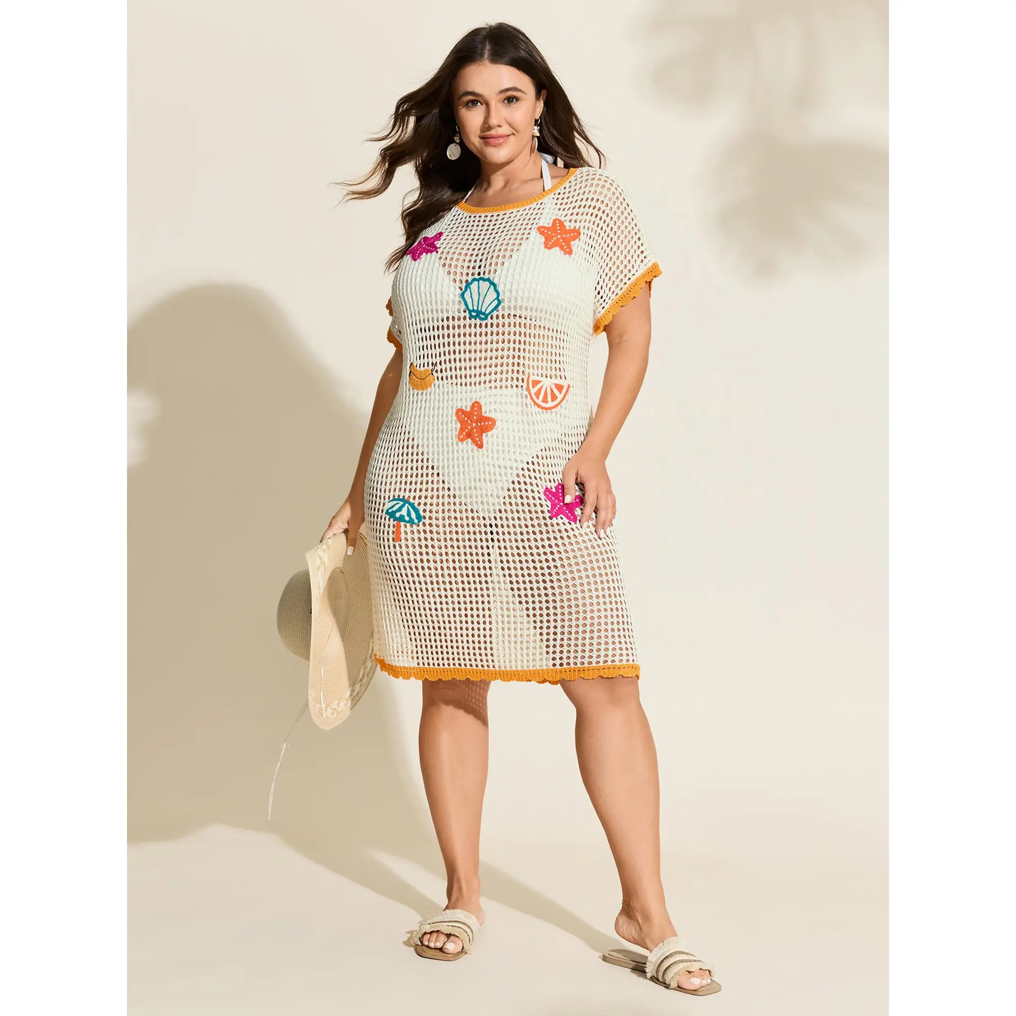 BLOOMCHIC Plus Size Crocheted Nautical Color Contrast Swim Cover-Up - Bikini, Front-Cutout, Multi-Size [M-6X] Resort Cover Ups for 2026 Summer Vibes, Bikini Cover Ups Swimsuit Coverups,Summerfinds