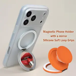 2-in-1 MagSafe Magnetic Folding Mirror Phone Stand for Makeup & Selfie, Magnetic phone holder with a mirror, Round Expanding Kickstand, Silicone Soft Loop Grips, Telescopic Lazy Phone Bracket for Desk & Travel