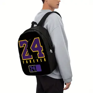 1pc 17-Inch Lightweight Black Backpack with Purple & Yellow "24 Forever" Print - Adjustable Shoulder Straps, Zipper Closure, Foldable Design for Travel, Commuting, and Casual Use, Casual Daypack |   Sporty Backpack |   Adjustable Straps, Backpack for Trav