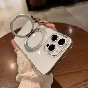 Transparent Phone Case with 360° Rotating Stand for iPhone 17/16/15/14 Pro Max/air Plus, Wireless Charging, Car Magnetic Holder, Anti-Slip