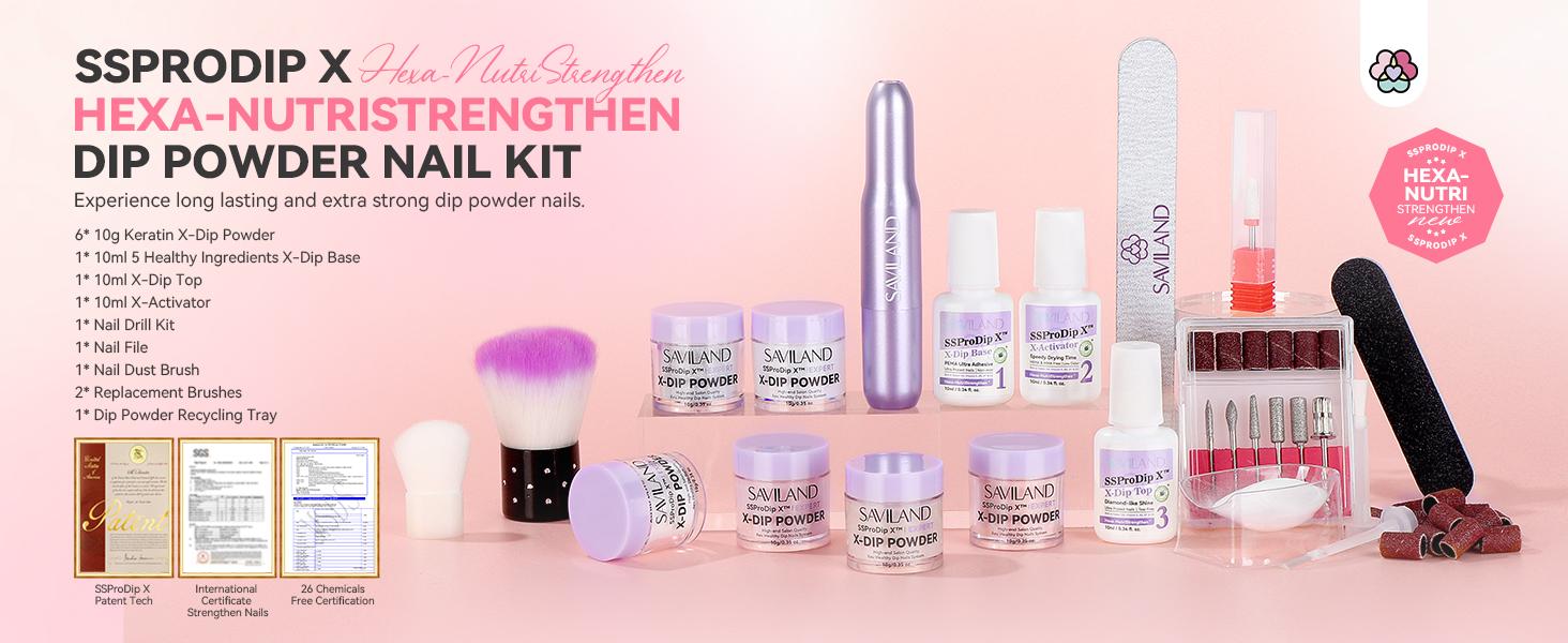 SAVILAND Dip Powder Nail Kit with Drill: 6 Color French Nail Art Perfect Beginners Set Features Pink Nude Glitter Clear Powder DIY Home Manicures