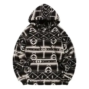 Ethnic Style Geometric Pattern Men's Loose Polar Fleece Hoodie Apricot Long Sleeve Pullover Drawstring Kangaroo Pocket Winter Fall Tops
