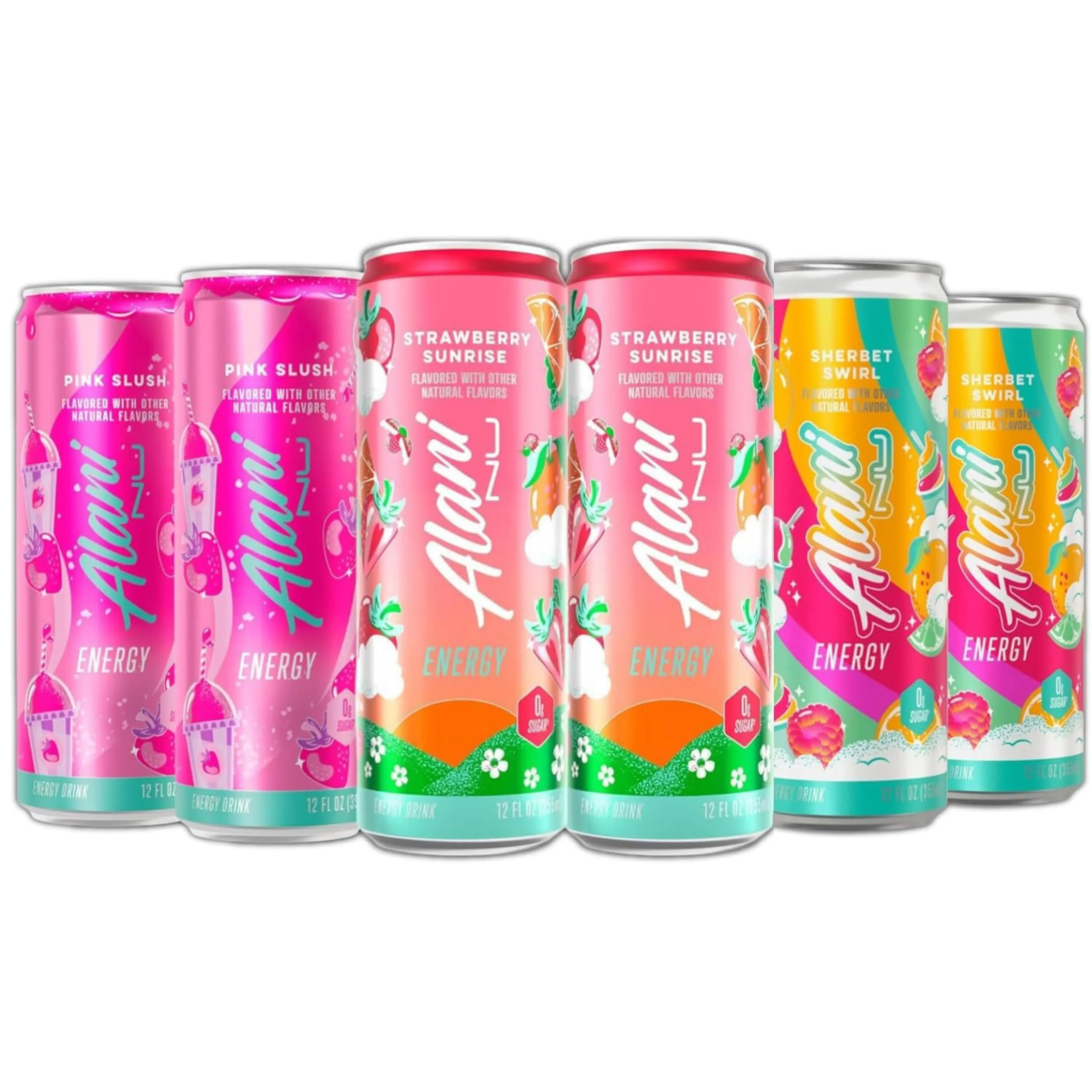 Alani Sugar-Free Low-Calorie Variety Pack Drinks - Strawberry Sunrise, Sherbet Swirl, Pink Slush Flavors - 12 fl oz, Pack of 6 - Caffeinated Beverage for Quick Pick-Me-Ups