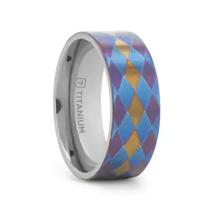 Larson Jewelers MAJESTIC Flat Titanium Ring with Purple, Blue, and Gold Diamond Pattern - 8mm