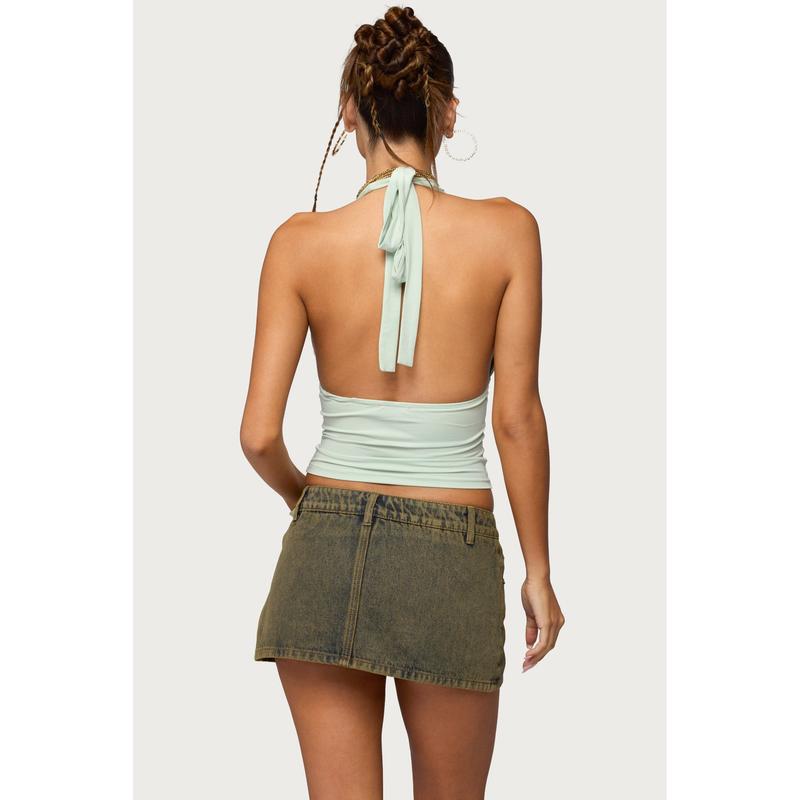 Sequin Plunge Neck Halter Top