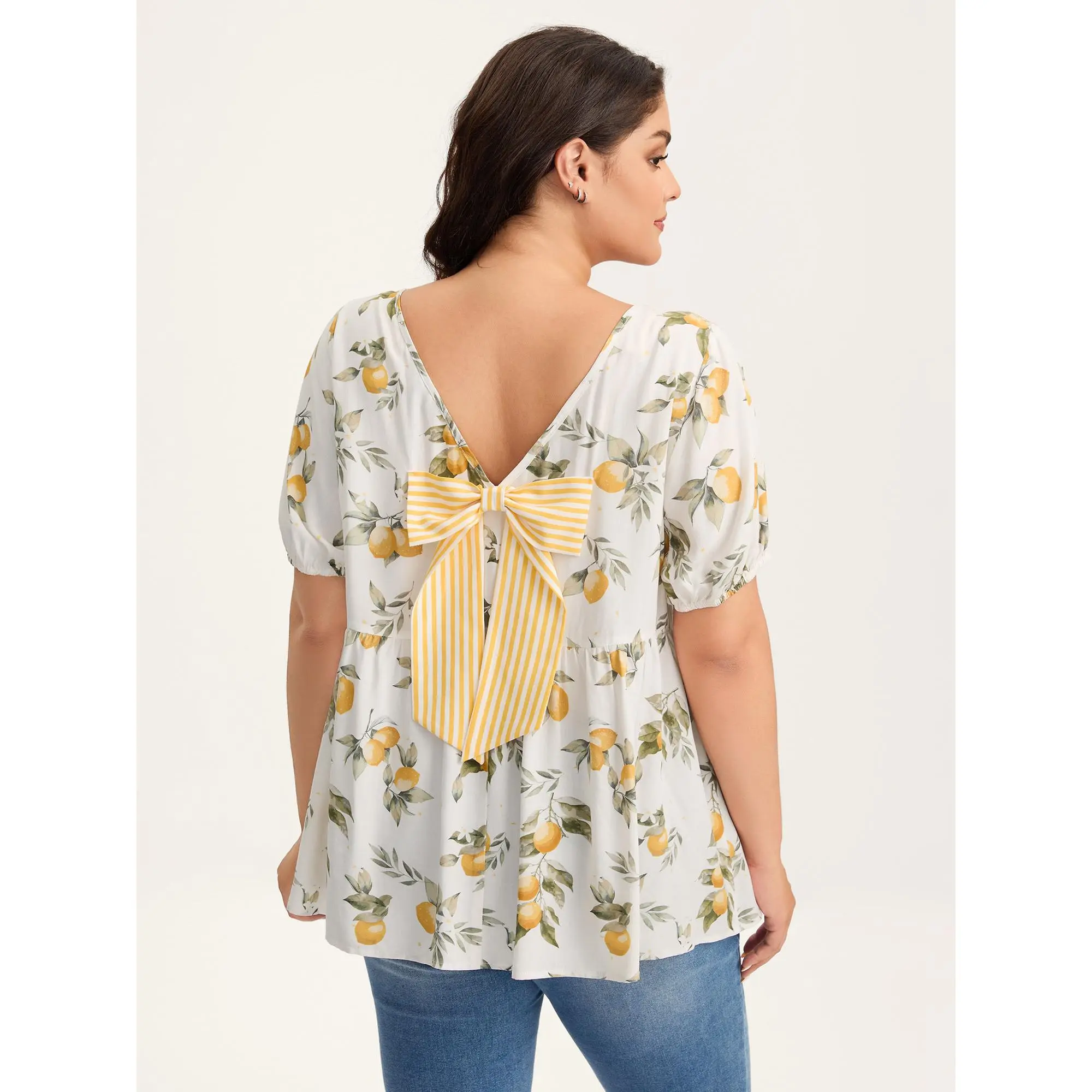 BloomChic Women's Plus Size Citrus Fruit Print Smooth Spandex Patchwork Rayon Garment Fabric Short-Sleeve Blouse with Puff Sleeves, Ruched Bow Back Detail, Summer Finds, Shirts, Comfy Casual