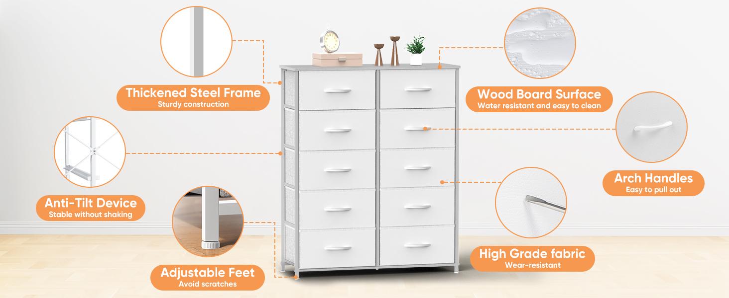 【Deal】Cupboards Cabinets Dresser - Fabric Storage Tower with 10 Drawers, Bedroom Organizer, Chest of Drawers with Fabric Bins