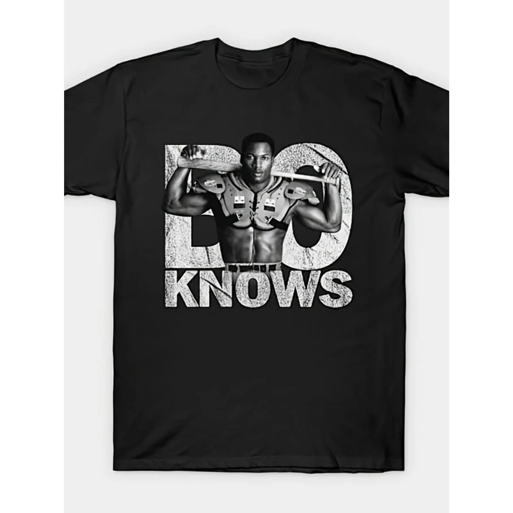 Black Short-Sleeve Tee with Bold "Bo Knows" Text & Retro Football Athlete Graphic - Distressed Print Style, Casual Comfortable Vintage Sports-Themed Top for Athletic Enthusiasts & Nostalgic Style Lovers